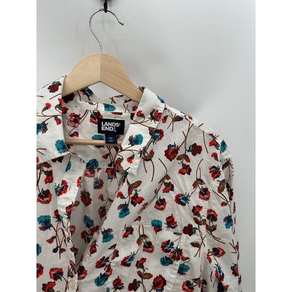 Lands' End Top Women XL White Blue Ombre Floral Print Button Down 100% Cotton - Picture 5 of 10